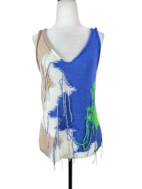 Oui Colorblock Knit/crochet  V-Neck Camisole in Blue, Beige & White
